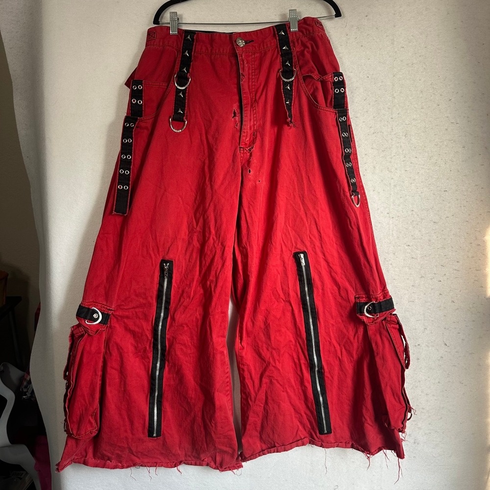 Tripp NYC Mens Red Wide Leg Bondage Pants Goth Punk Skull Button Cargo 32x26